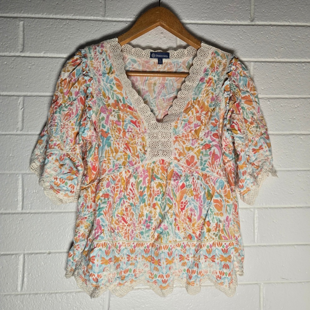 Democracy Womens Blouse Floral Lace Crochet Trim Peplum Top Boho Embroidered L